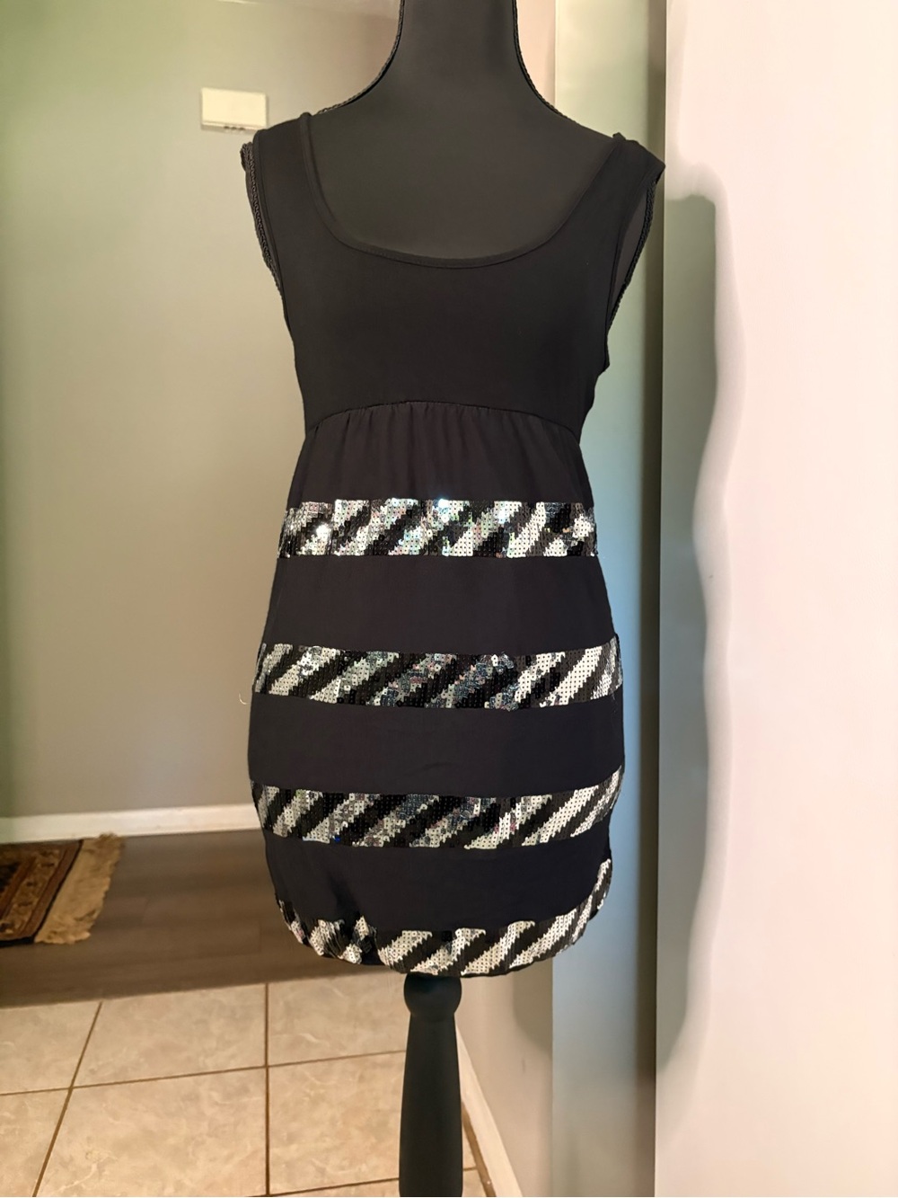Y2K 2000s Wet Seal Black Mini Dress with Silver Sequin Stripes
